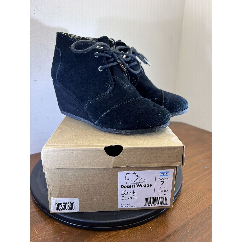 Toms Black Suede Desert Wedge Heel Ankle Boots Booties 380515 Womens‎ Size 7